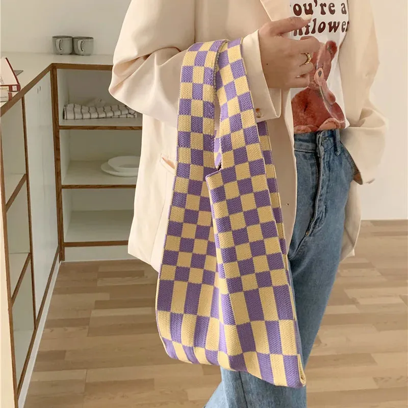💖 Cozy Checkerboard Knitted Tote 👜✨ - Fun & Funky Large Capacity Bag! 🎉