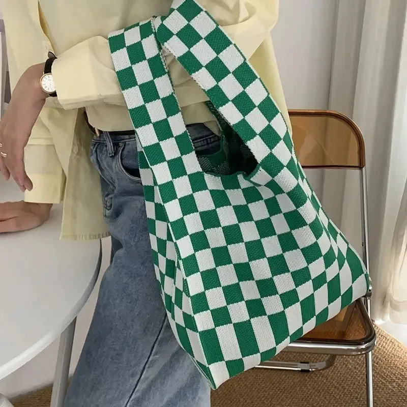 💖 Cozy Checkerboard Knitted Tote 👜✨ - Fun & Funky Large Capacity Bag! 🎉