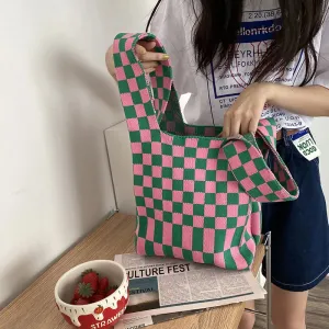 💖 Cozy Checkerboard Knitted Tote 👜✨ - Fun & Funky Large Capacity Bag! 🎉