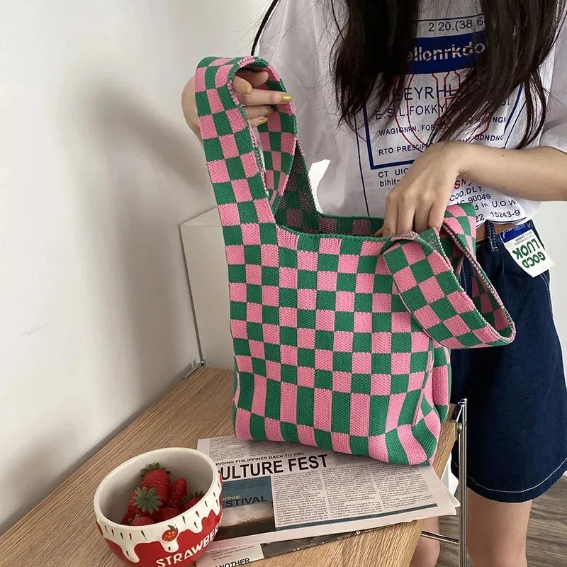 💖 Cozy Checkerboard Knitted Tote 👜✨ - Fun & Funky Large Capacity Bag! 🎉
