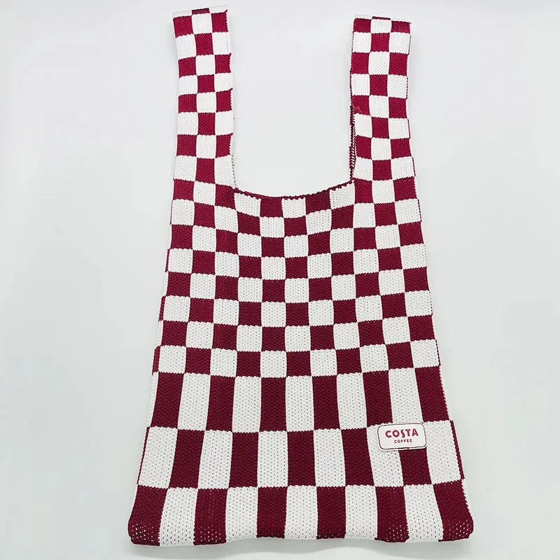 💖 Cozy Checkerboard Knitted Tote 👜✨ - Fun & Funky Large Capacity Bag! 🎉