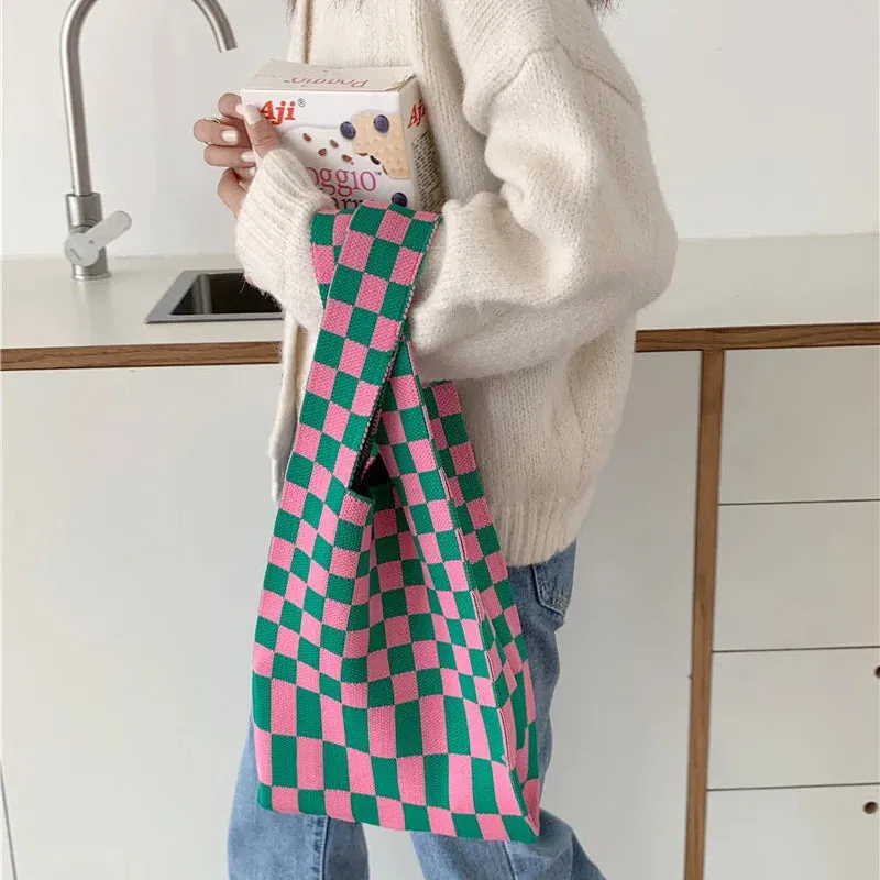 💖 Cozy Checkerboard Knitted Tote 👜✨ - Fun & Funky Large Capacity Bag! 🎉