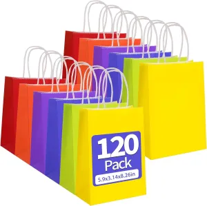 120 PCS Small Gift Bags with Handles, 6 Colors Paper Easter Gift Bag Bulk for Kids Party Birthday Baby Shower, 5.9x3.1x8.3 in