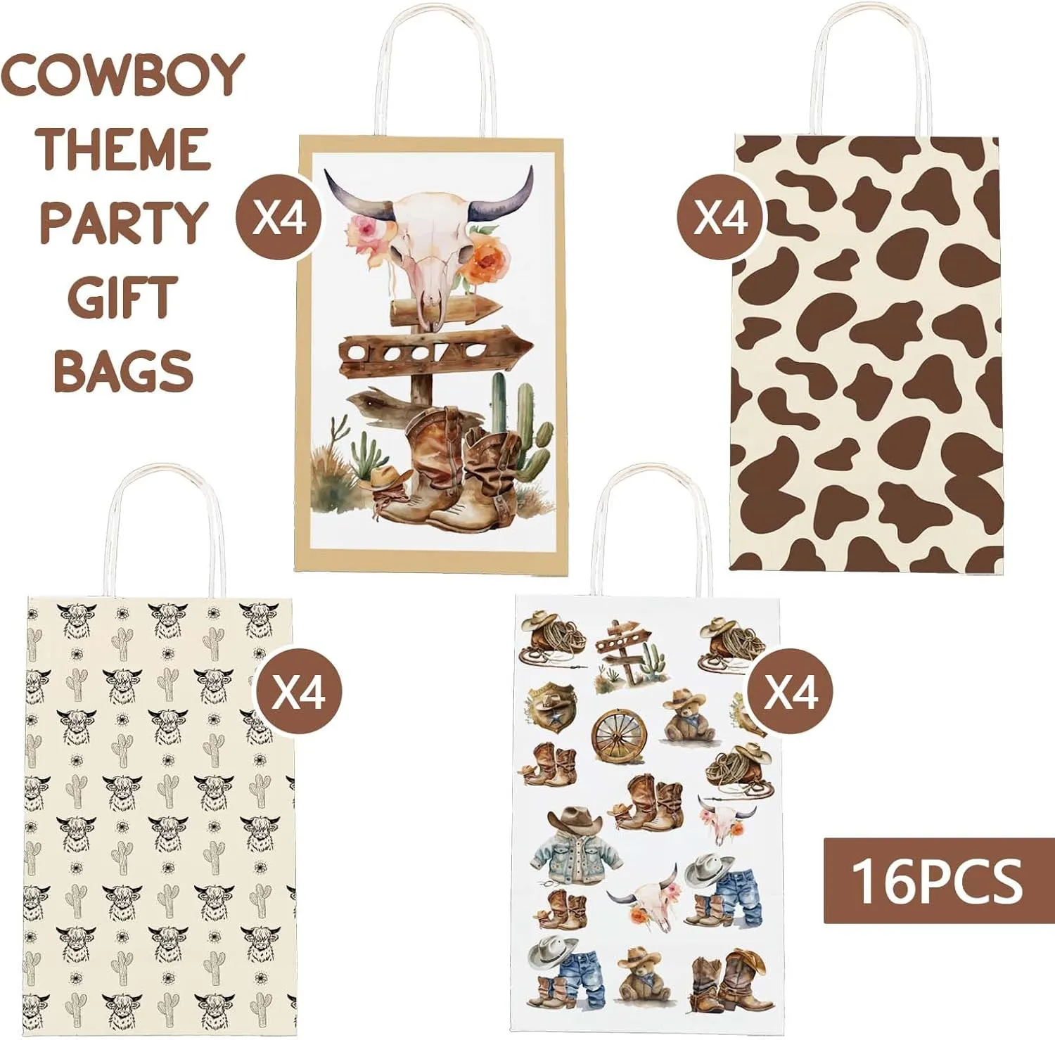 16PCS Western Cowboy Paper Bags,Cowboy Party Decorations Wild West Cowboy Gift Treat Bag Goodie Candy Bags with Handle,Cowboy Theme Western Party Supplies 8.6 * 5 * 3.7inch