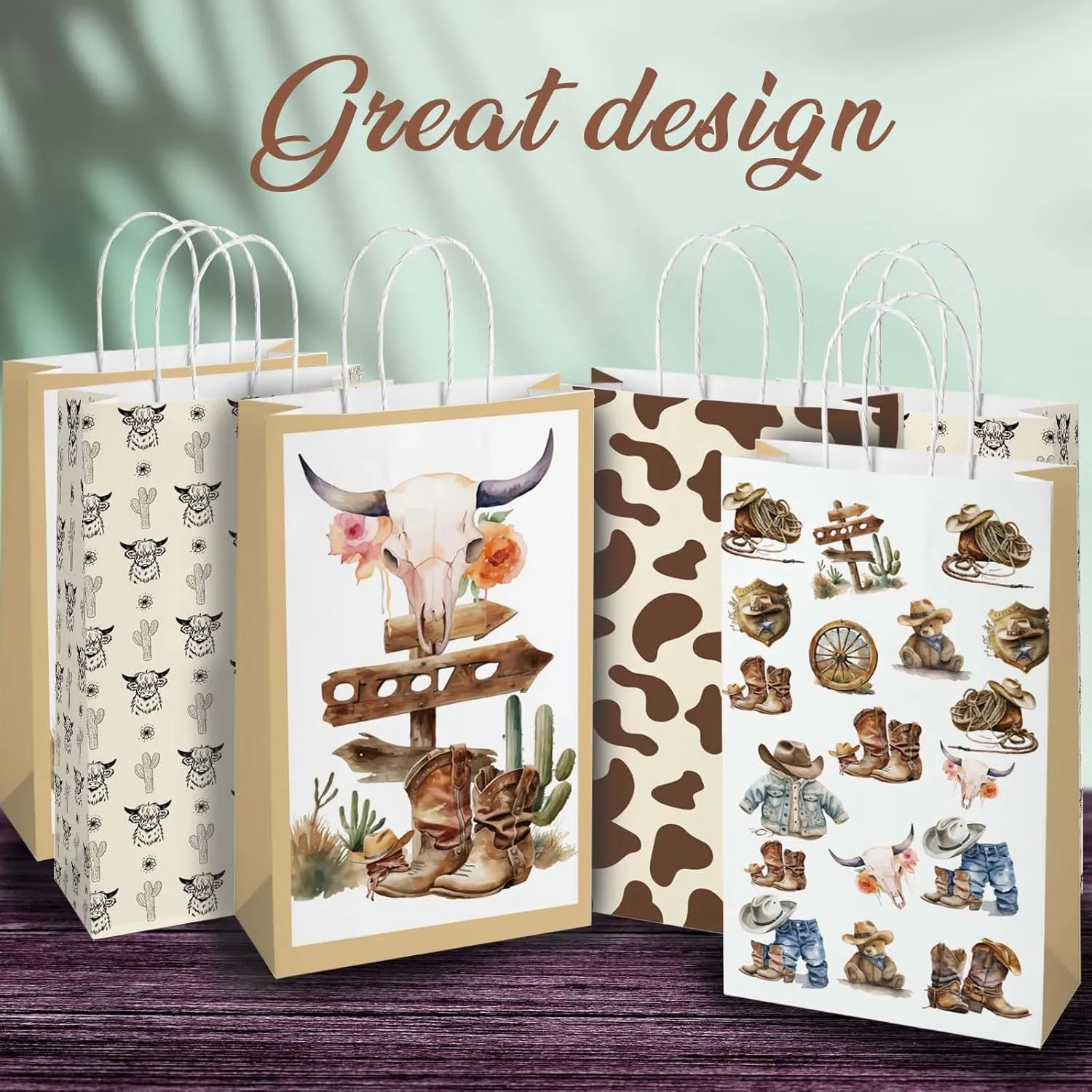 16PCS Western Cowboy Paper Bags,Cowboy Party Decorations Wild West Cowboy Gift Treat Bag Goodie Candy Bags with Handle,Cowboy Theme Western Party Supplies 8.6 * 5 * 3.7inch