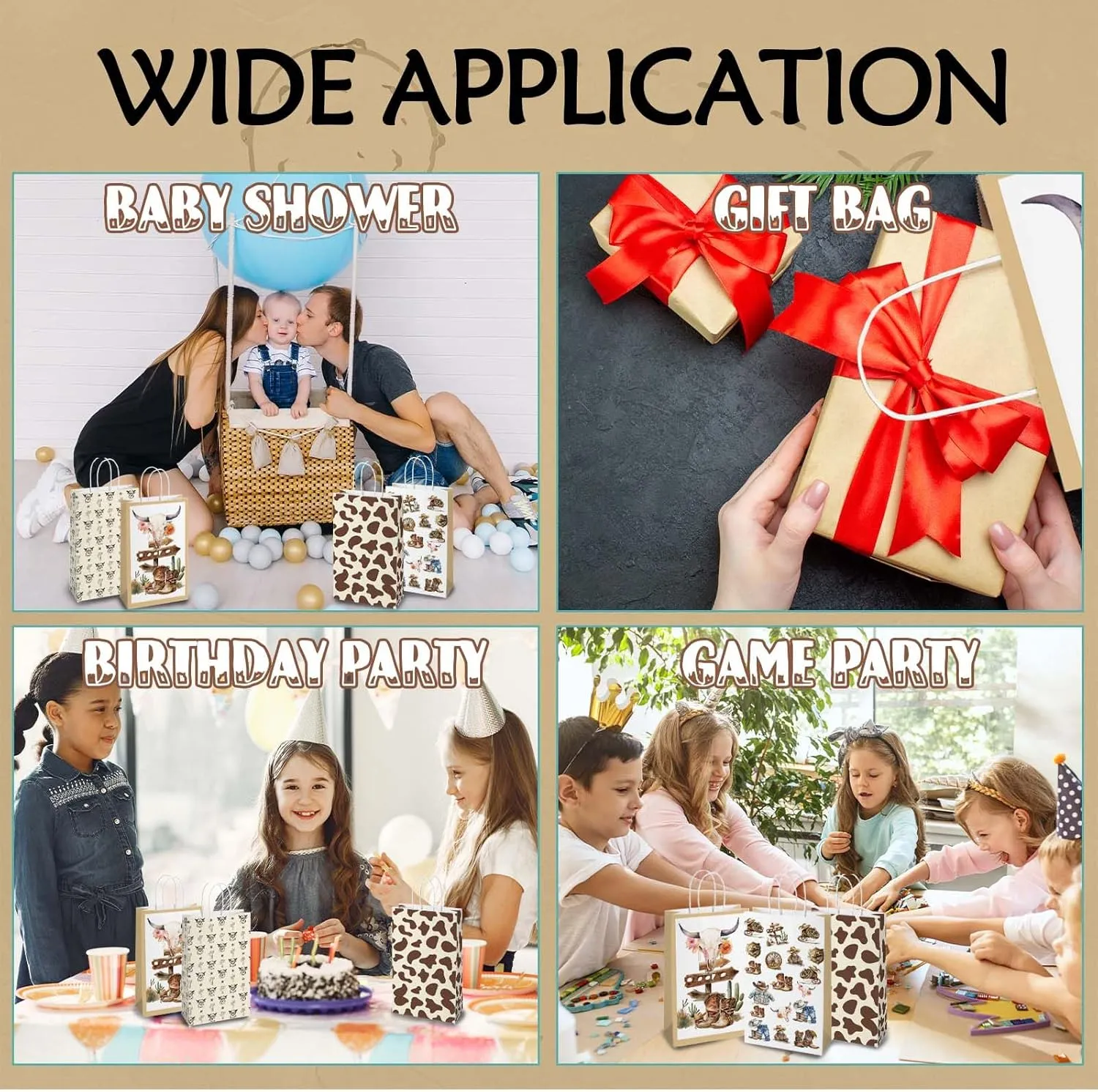 16PCS Western Cowboy Paper Bags,Cowboy Party Decorations Wild West Cowboy Gift Treat Bag Goodie Candy Bags with Handle,Cowboy Theme Western Party Supplies 8.6 * 5 * 3.7inch