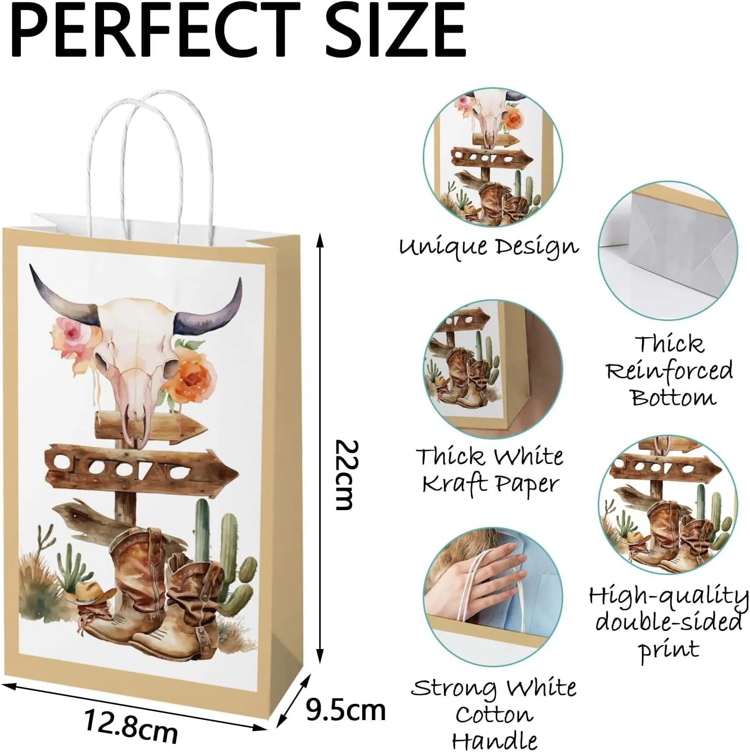 16PCS Western Cowboy Paper Bags,Cowboy Party Decorations Wild West Cowboy Gift Treat Bag Goodie Candy Bags with Handle,Cowboy Theme Western Party Supplies 8.6 * 5 * 3.7inch