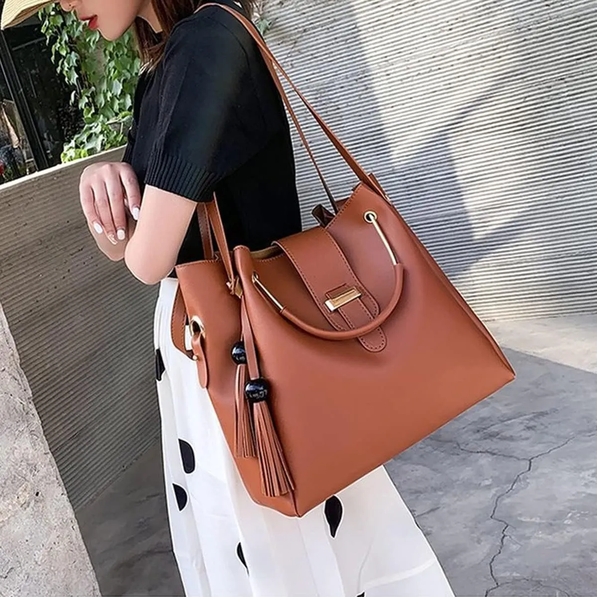 2-PC Purses and Handbags for Women Shoulder Tote Bags Top-handle Bags Satchel with Tassle