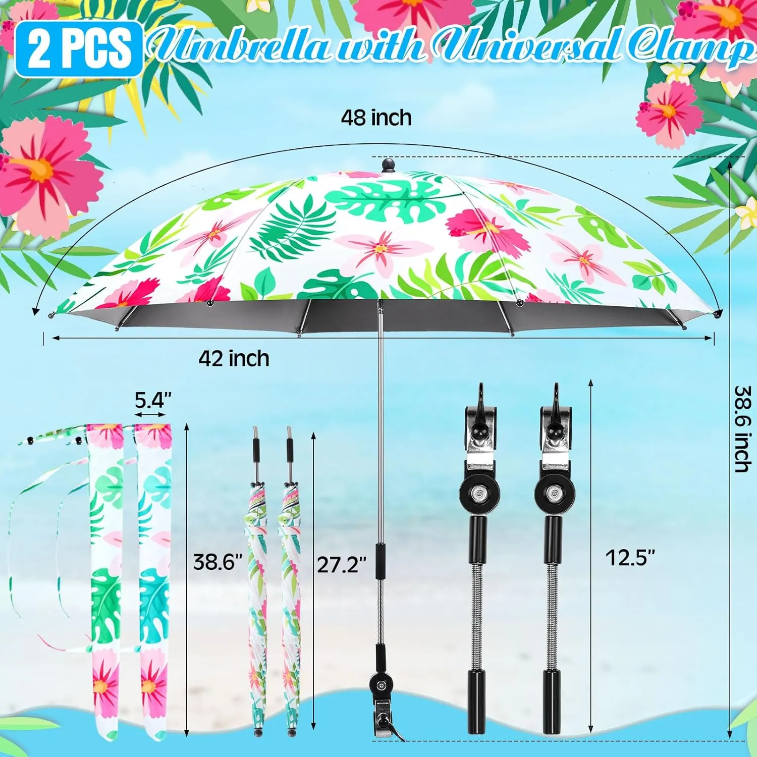 2 Pcs Hawaii Beach Chair Umbrella with Universal Adjustable Clamp Beach Shade UV Protection Adjustable Shade Umbrella for Chair Camping Patio Chairs Golf Carts (Vivid Style)