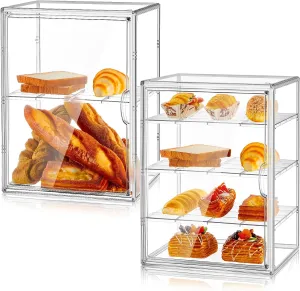 2 Pcs Pastry Display Bakery Display Case Countertop Large Bread Box for Kitchen 4 Layers Adjustable Acrylic Bread Storage with Magnetic Door for Stores Cupcake Handbags 15.5x10x11.5 Inch