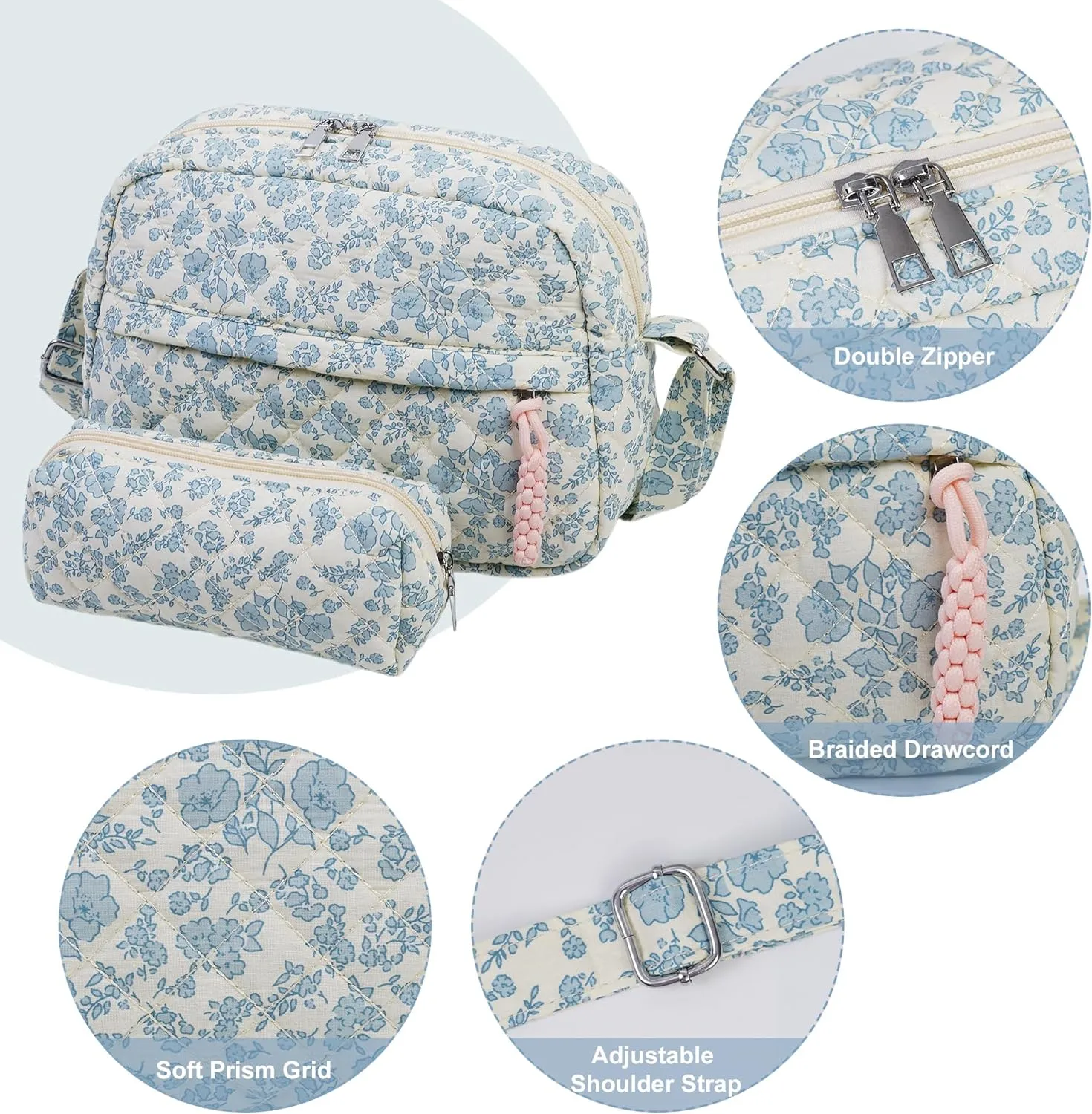 2 PCS/Set Small Cute Floral Quilted Crossbody Bag with Multi-Pockets for Women, Tote Shoulder Everyday Handbags