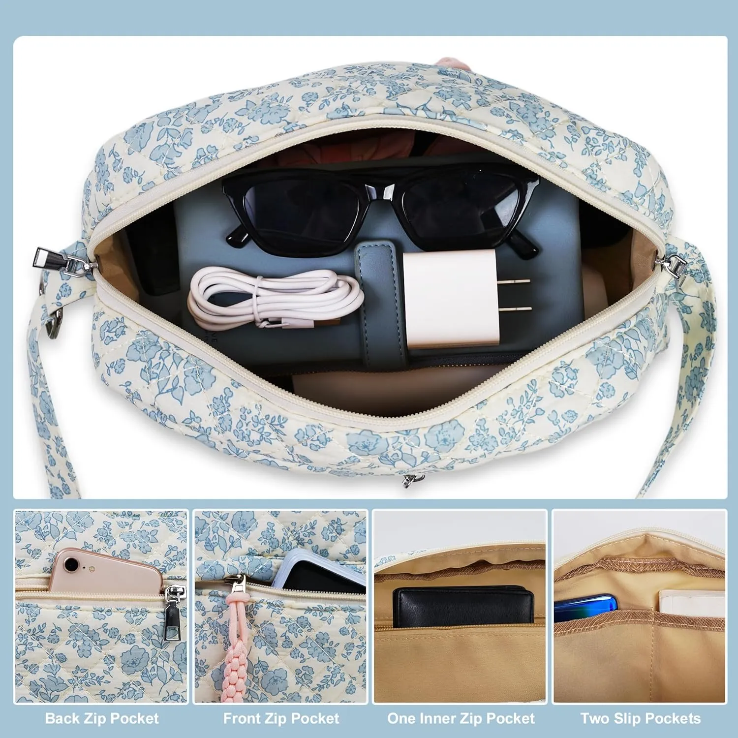 2 PCS/Set Small Cute Floral Quilted Crossbody Bag with Multi-Pockets for Women, Tote Shoulder Everyday Handbags