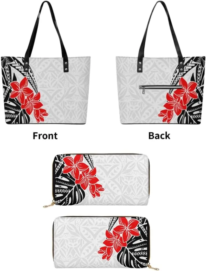 2 Piece Set Polynesian Women Leather Handbag And Purse Samoa Tribal Floral Design Fashion Large Capacity Shoulder Bag