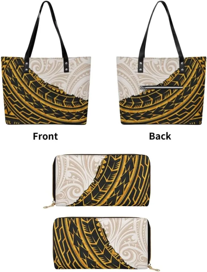 2 Piece Set Polynesian Women Leather Handbag And Purse Samoa Tribal Floral Design Fashion Large Capacity Shoulder Bag