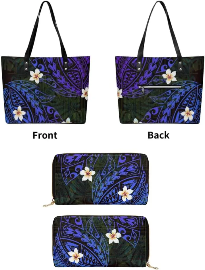 2 Piece Set Polynesian Women Leather Handbag And Purse Samoa Tribal Floral Design Fashion Large Capacity Shoulder Bag