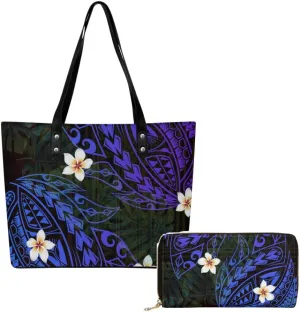 2 Piece Set Polynesian Women Leather Handbag And Purse Samoa Tribal Floral Design Fashion Large Capacity Shoulder Bag