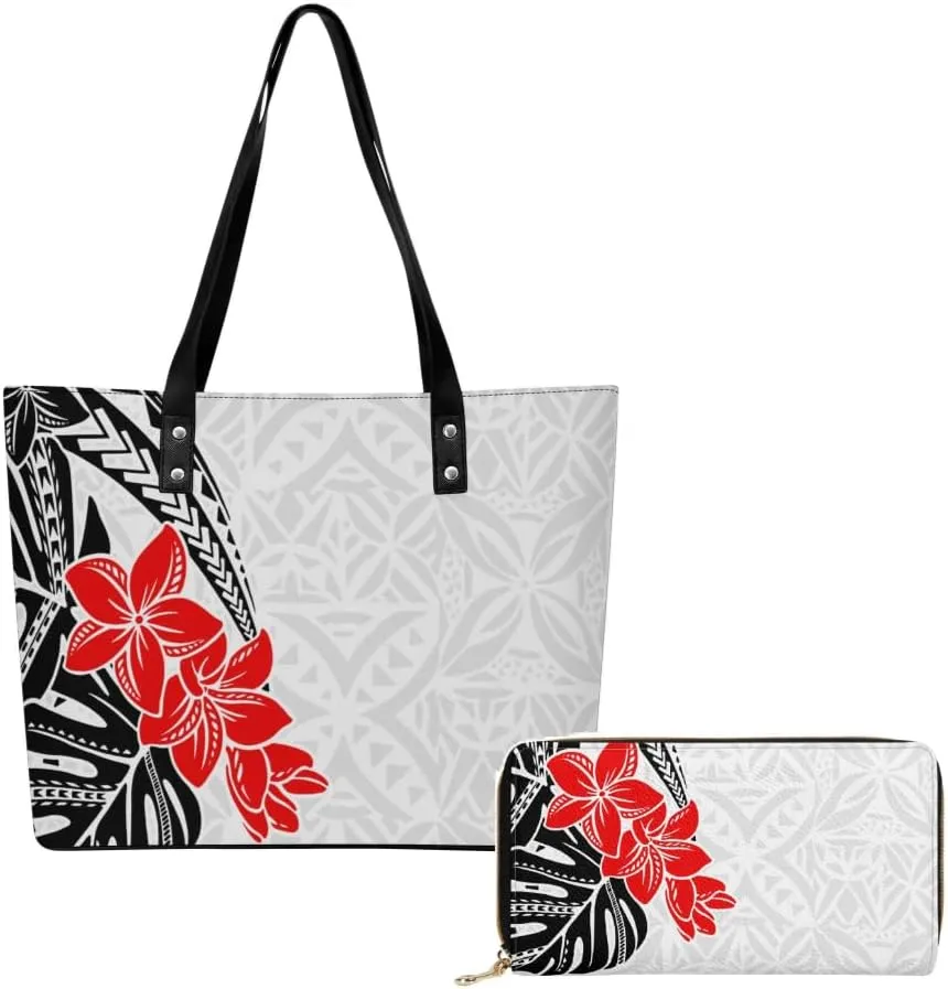 2 Piece Set Polynesian Women Leather Handbag And Purse Samoa Tribal Floral Design Fashion Large Capacity Shoulder Bag