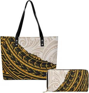 2 Piece Set Polynesian Women Leather Handbag And Purse Samoa Tribal Floral Design Fashion Large Capacity Shoulder Bag