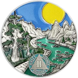 2 Year Sobriety Coin AA Chips and Medallions - Sun Mountain River Scene - 1-20 Year Sober Token Celebrating Sobriety - Alcoholics Anonymous Gifts - Sobriety Gifts for Men Women