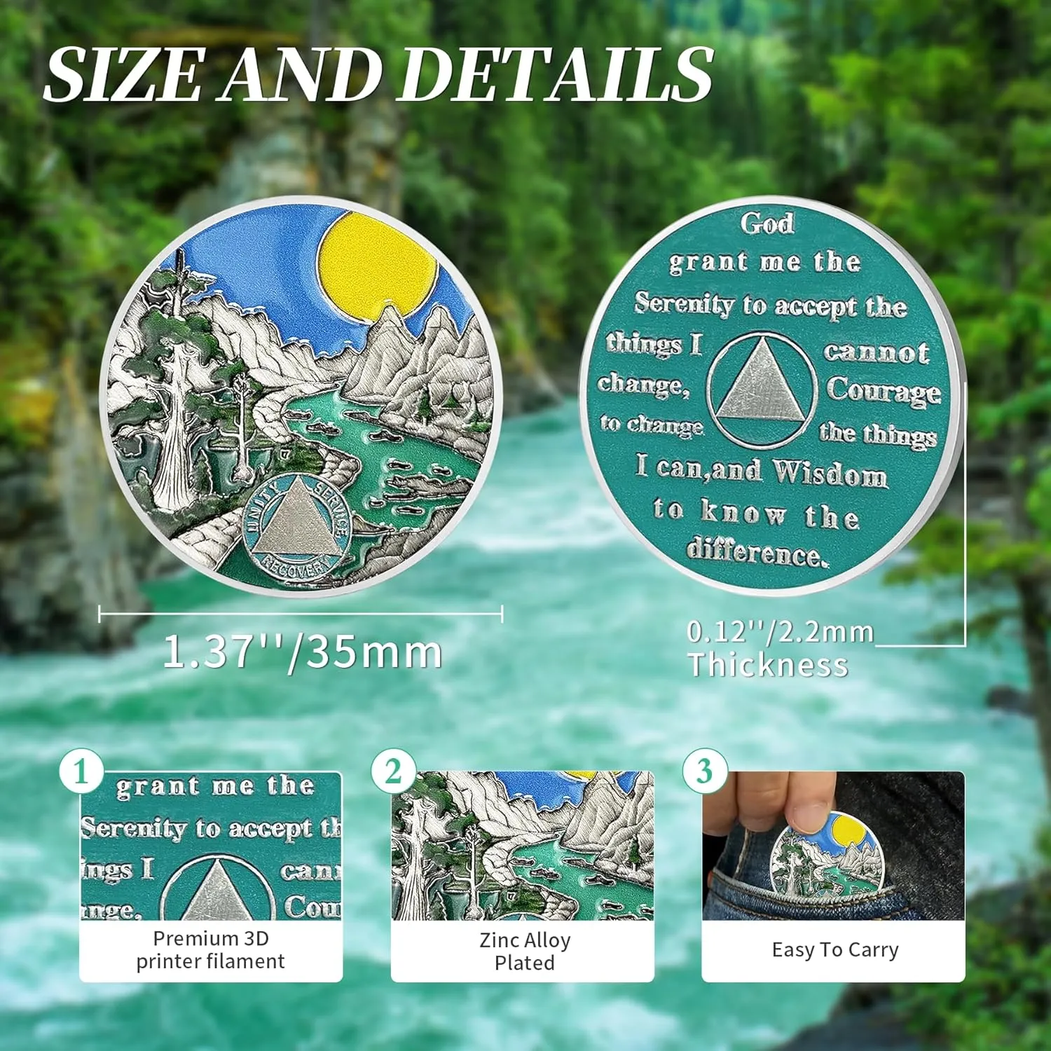 2 Year Sobriety Coin AA Chips and Medallions - Sun Mountain River Scene - 1-20 Year Sober Token Celebrating Sobriety - Alcoholics Anonymous Gifts - Sobriety Gifts for Men Women