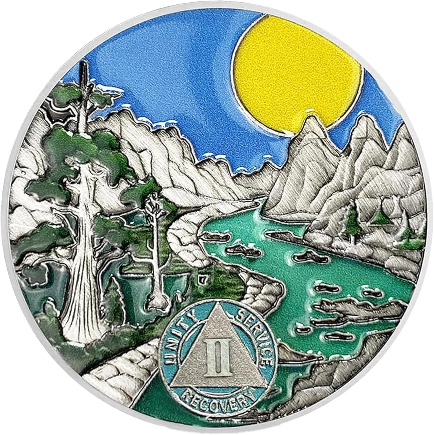 2 Year Sobriety Coin AA Chips and Medallions - Sun Mountain River Scene - 1-20 Year Sober Token Celebrating Sobriety - Alcoholics Anonymous Gifts - Sobriety Gifts for Men Women