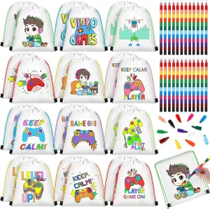 24 Pcs Colorable Drawstring Backpack, Coloring Goodie Bags Return Gift Bag with 24 pcs Stackable Crayons (12 colors in one) for Birthday Wedding Video Gaming Party Favors DIY(Video Game)
