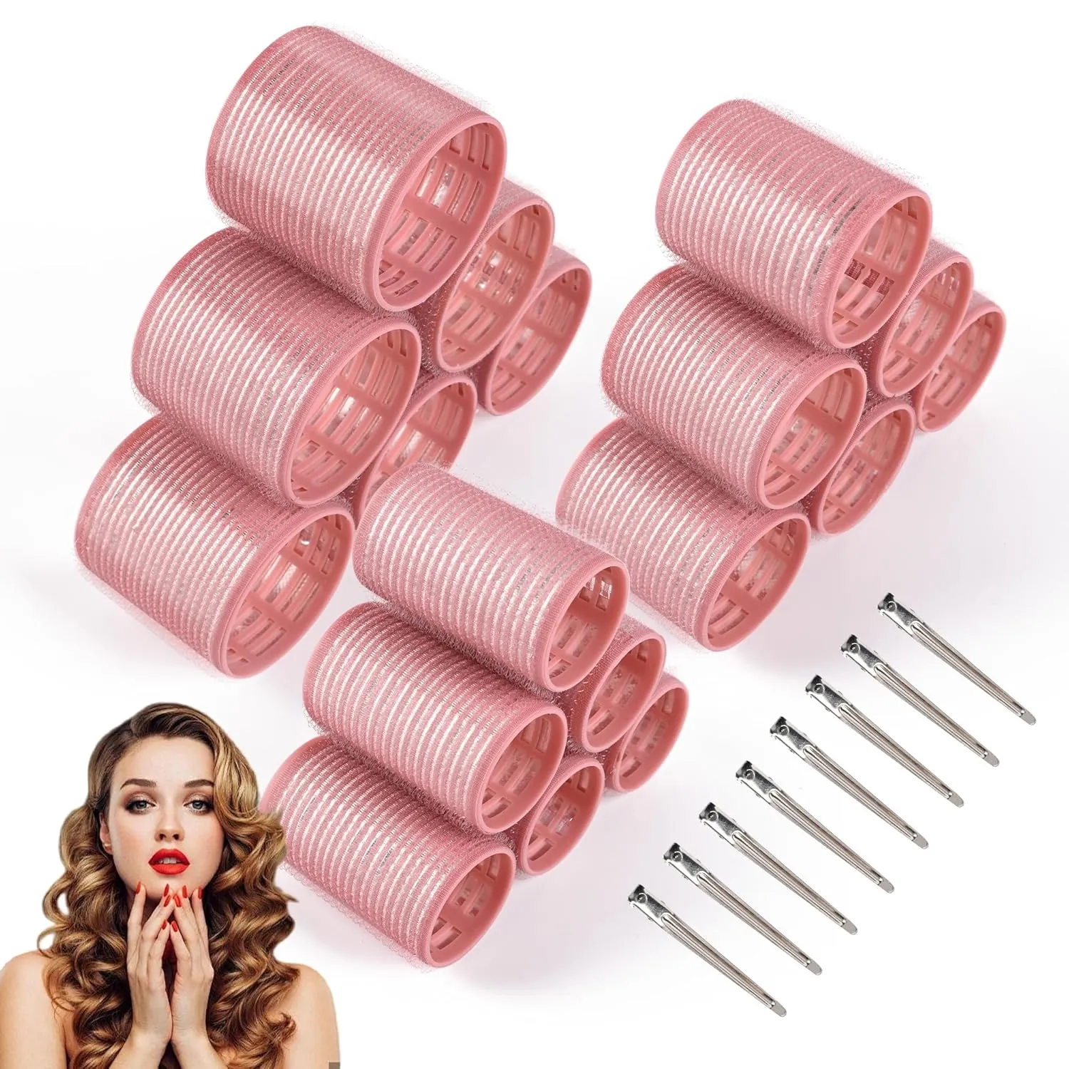 26 Pcs Ceramic Thermal Hair Rollers Set,Hair Curlers for Blowout Look Long Medium Short Hair,Jumbo Self Grip Hair Rollers with Clips for Women(18 Rollers   8 Stainless Steel Clips,Pink)