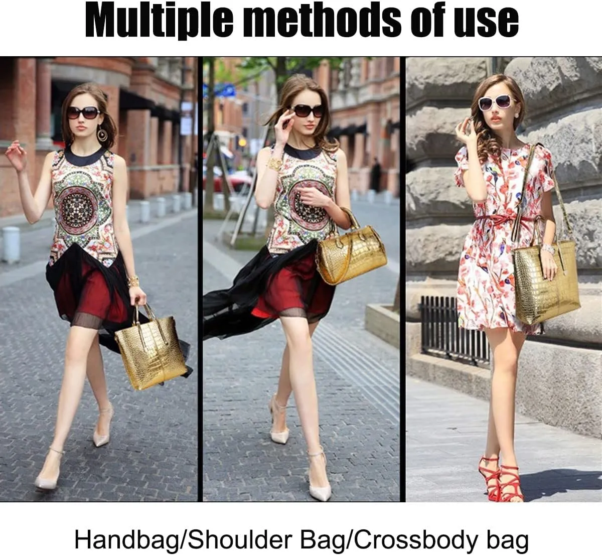 3-PC Women PU Handbag Shoulder Bag Clutch Crocodile Pattern Top Handle Fashion Satchel Tote Purse