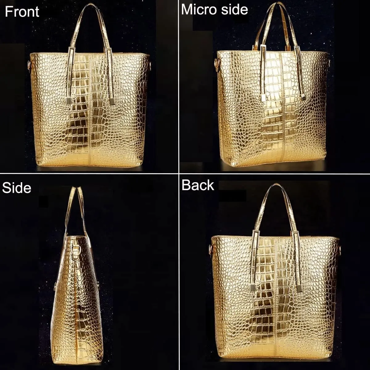 3-PC Women PU Handbag Shoulder Bag Clutch Crocodile Pattern Top Handle Fashion Satchel Tote Purse