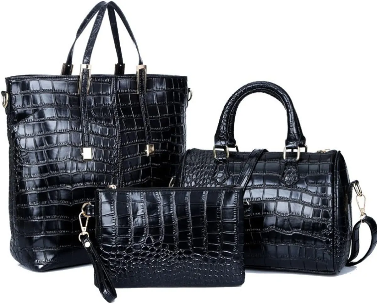3-PC Women PU Handbag Shoulder Bag Clutch Crocodile Pattern Top Handle Fashion Satchel Tote Purse