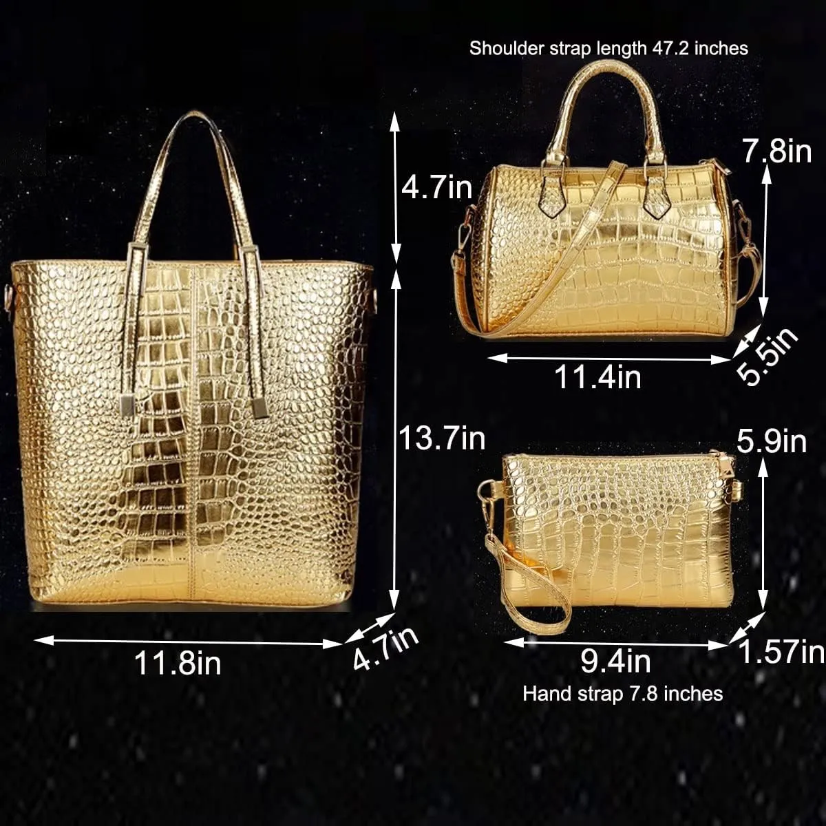 3-PC Women PU Handbag Shoulder Bag Clutch Crocodile Pattern Top Handle Fashion Satchel Tote Purse