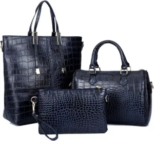 3-PC Women PU Handbag Shoulder Bag Clutch Crocodile Pattern Top Handle Fashion Satchel Tote Purse
