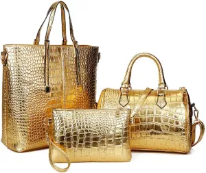 3-PC Women PU Handbag Shoulder Bag Clutch Crocodile Pattern Top Handle Fashion Satchel Tote Purse