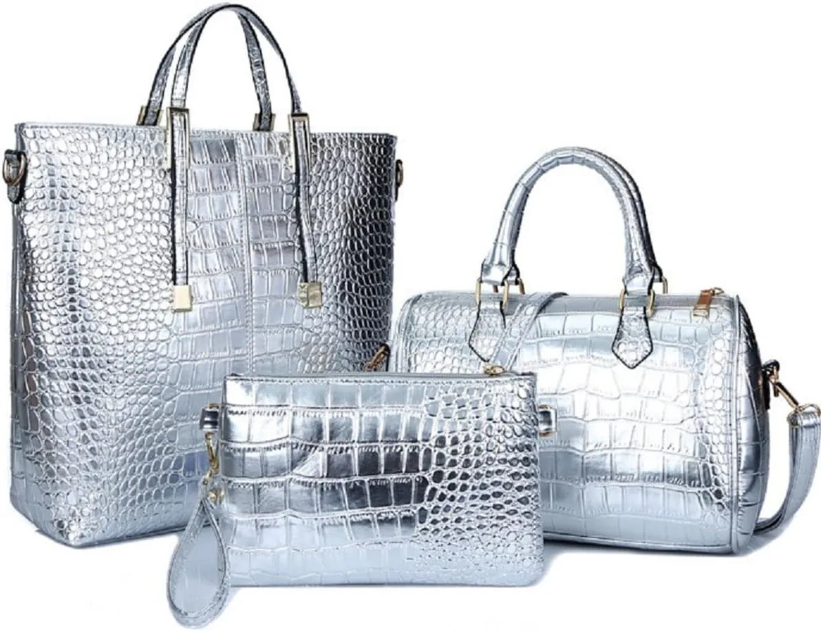 3-PC Women PU Handbag Shoulder Bag Clutch Crocodile Pattern Top Handle Fashion Satchel Tote Purse