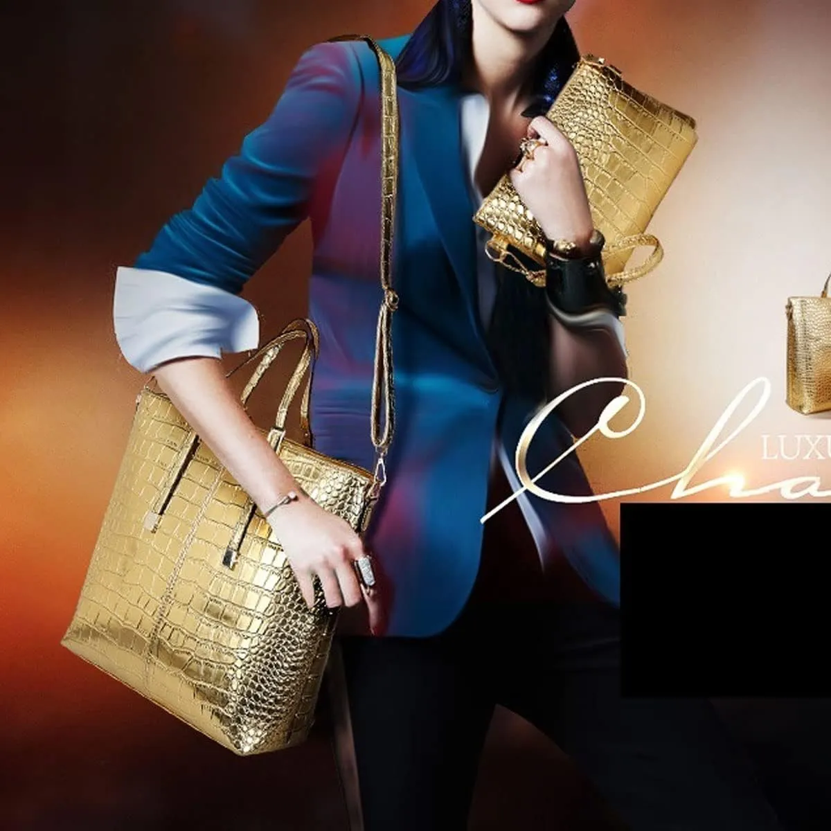 3-PC Women PU Handbag Shoulder Bag Clutch Crocodile Pattern Top Handle Fashion Satchel Tote Purse