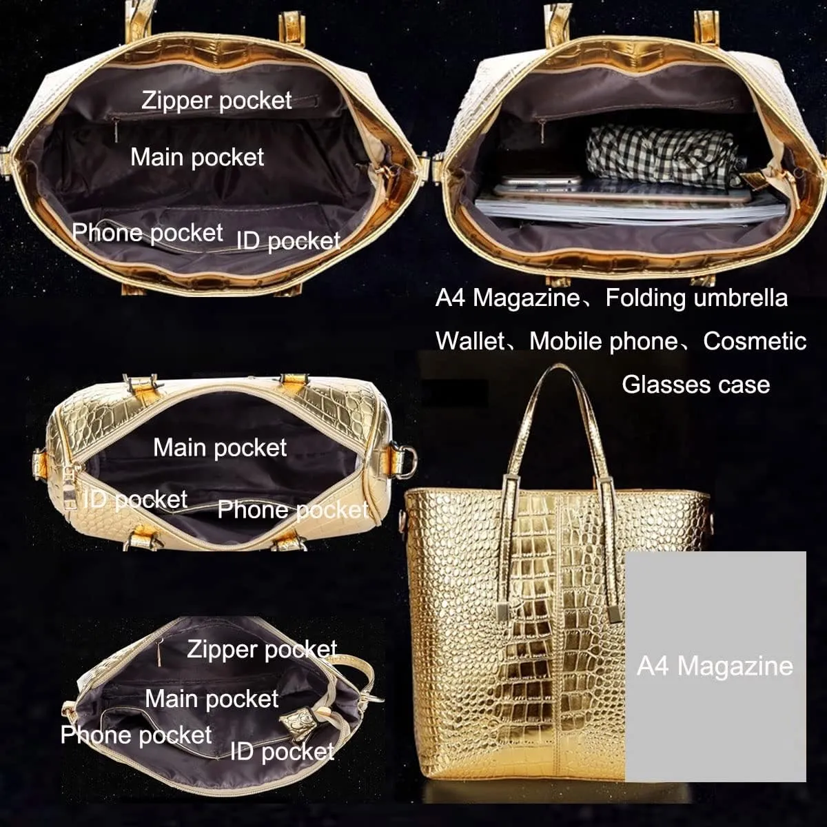 3-PC Women PU Handbag Shoulder Bag Clutch Crocodile Pattern Top Handle Fashion Satchel Tote Purse