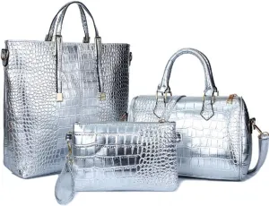 3-PC Women PU Handbag Shoulder Bag Clutch Crocodile Pattern Top Handle Fashion Satchel Tote Purse