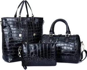 3-PC Women PU Handbag Shoulder Bag Clutch Crocodile Pattern Top Handle Fashion Satchel Tote Purse