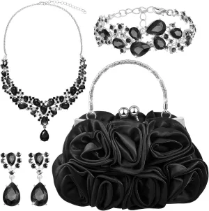 4 Pcs Valentine's Day Flower Clutch Rhinestone Jewelry Set Rose Clutch Handbags with Detachable Strap Detachable Necklace Earrings Bracelets for Wedding Party Prom Valentine's Day Gift
