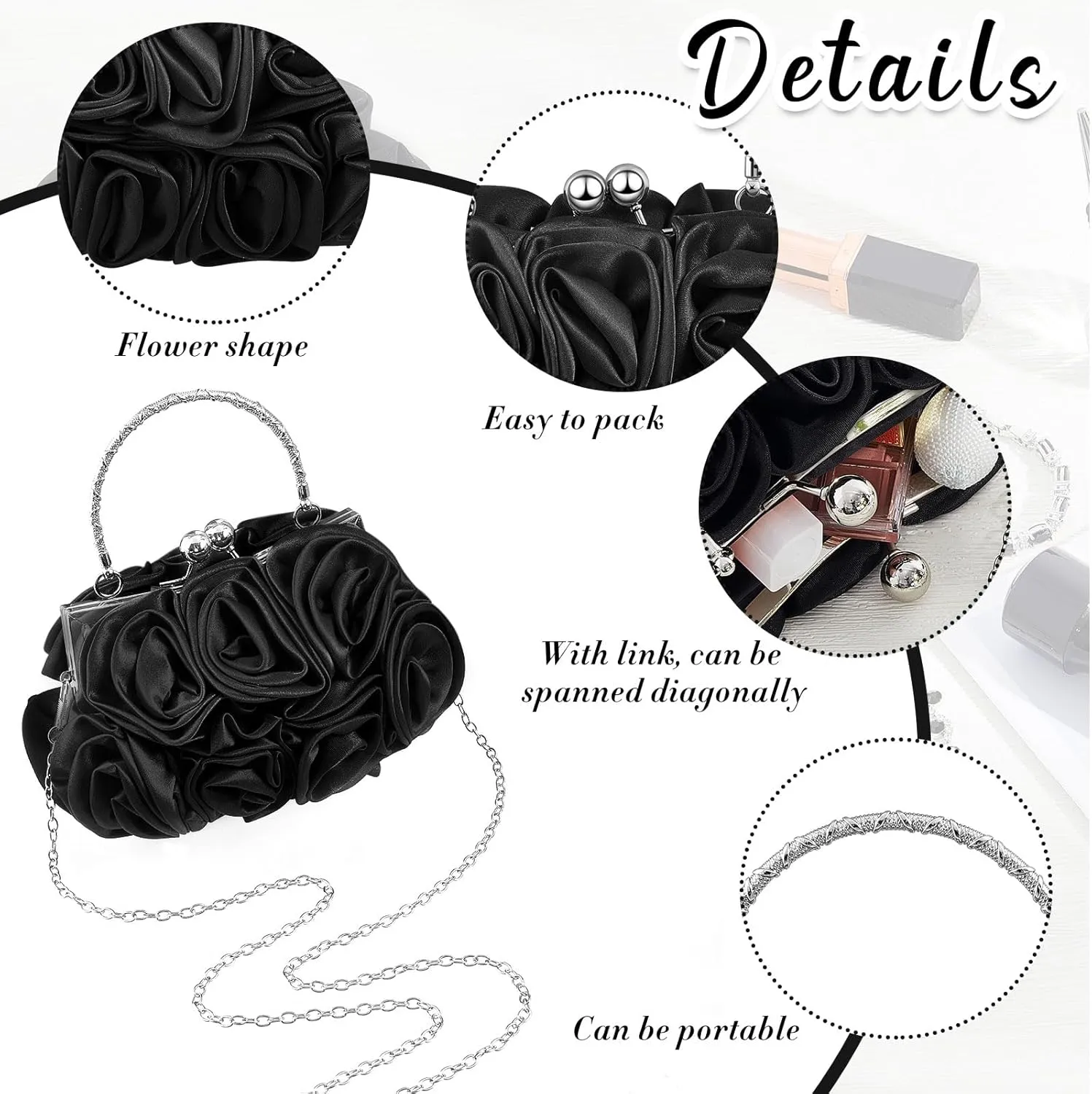 4 Pcs Valentine's Day Flower Clutch Rhinestone Jewelry Set Rose Clutch Handbags with Detachable Strap Detachable Necklace Earrings Bracelets for Wedding Party Prom Valentine's Day Gift