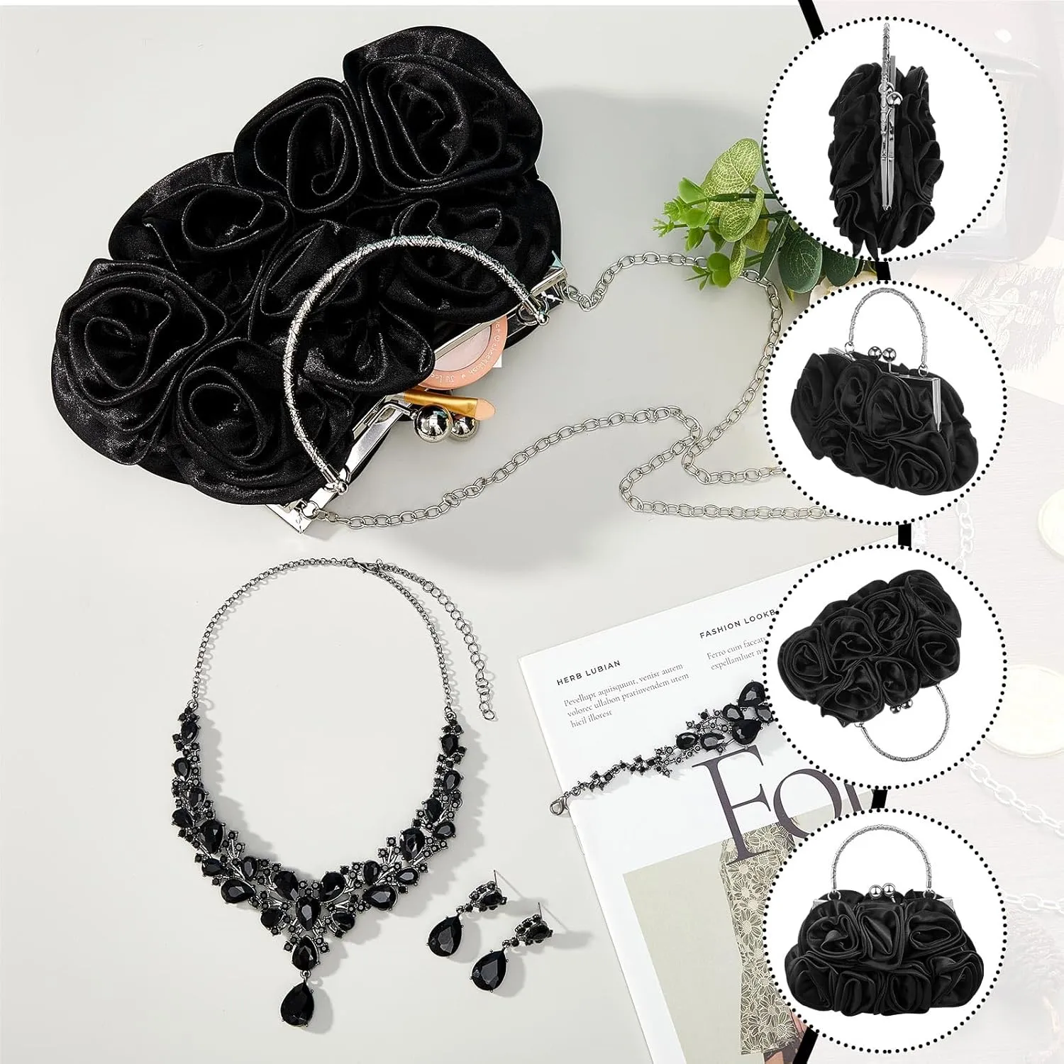 4 Pcs Valentine's Day Flower Clutch Rhinestone Jewelry Set Rose Clutch Handbags with Detachable Strap Detachable Necklace Earrings Bracelets for Wedding Party Prom Valentine's Day Gift
