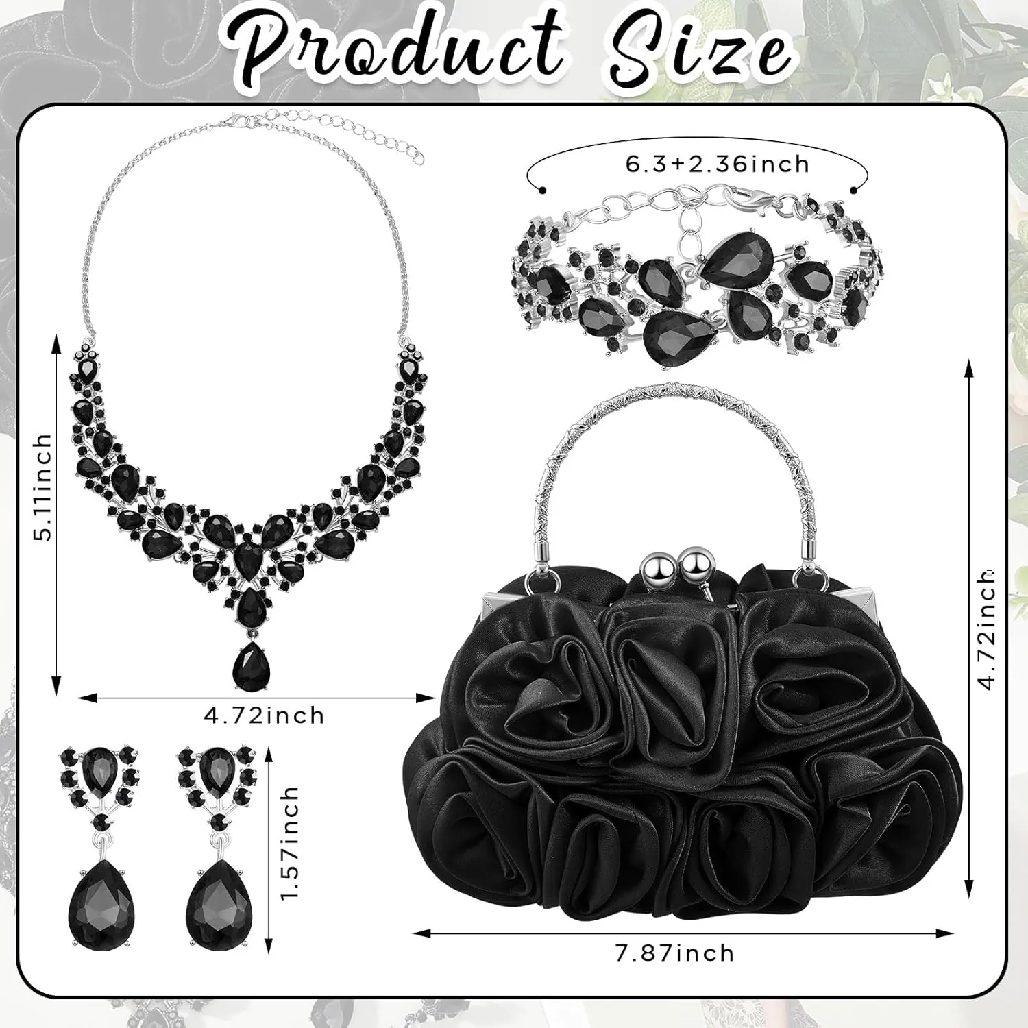 4 Pcs Valentine's Day Flower Clutch Rhinestone Jewelry Set Rose Clutch Handbags with Detachable Strap Detachable Necklace Earrings Bracelets for Wedding Party Prom Valentine's Day Gift