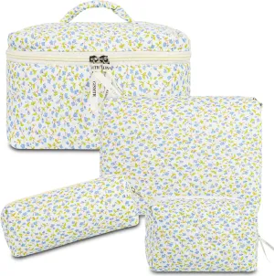 4Pcs Quilted Makeup Bag Set Cute Floral Cosmetic Bag Cotton Coquette Make up Bag Aesthetic Travel Toiletry Bag for Women Girls