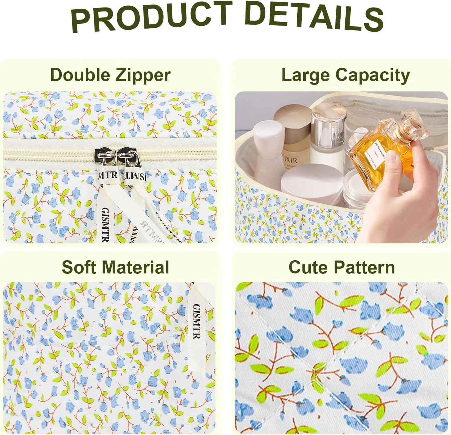 4Pcs Quilted Makeup Bag Set Cute Floral Cosmetic Bag Cotton Coquette Make up Bag Aesthetic Travel Toiletry Bag for Women Girls