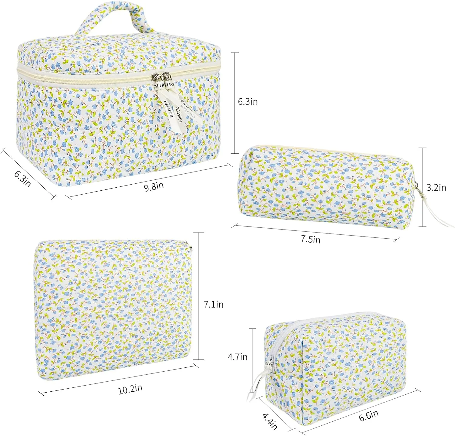 4Pcs Quilted Makeup Bag Set Cute Floral Cosmetic Bag Cotton Coquette Make up Bag Aesthetic Travel Toiletry Bag for Women Girls