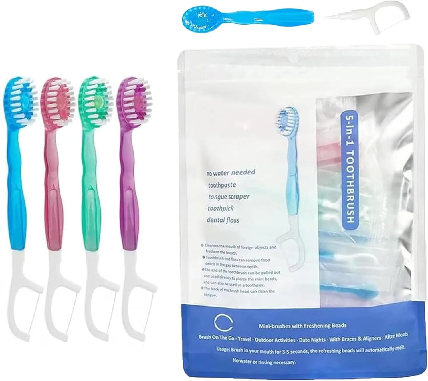 5 in 1 Mini Toothbrush and Floss, 5 in 1 Mini Disposable Toothbrushes with Toothpaste, Toothpaste   Tongue Scraper   Picks   Floss Travel Bag for Quick (26 pcs)