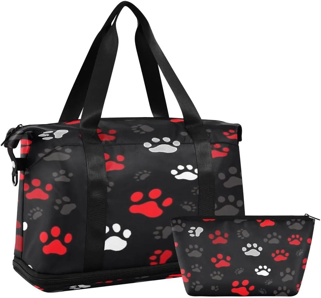 ALAZA Colorful Footprint Paw Print Travel Duffel Bag with Shoe Compartment Tote Bag Weekender Overnight Bag with Wet Pocket for Travel,Gym,Yoga,Swimming