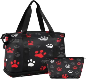 ALAZA Colorful Footprint Paw Print Travel Duffel Bag with Shoe Compartment Tote Bag Weekender Overnight Bag with Wet Pocket for Travel,Gym,Yoga,Swimming