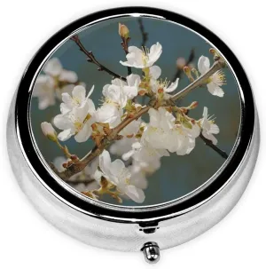 Almond Blossom Pill Box Round Pill Case for Pocket Purse 3 Compartment Medicine Pill Organizer Cute Portable Travel Pillbox Vitamin Cod Liver Oil Storage Box Unique Gift Organizer