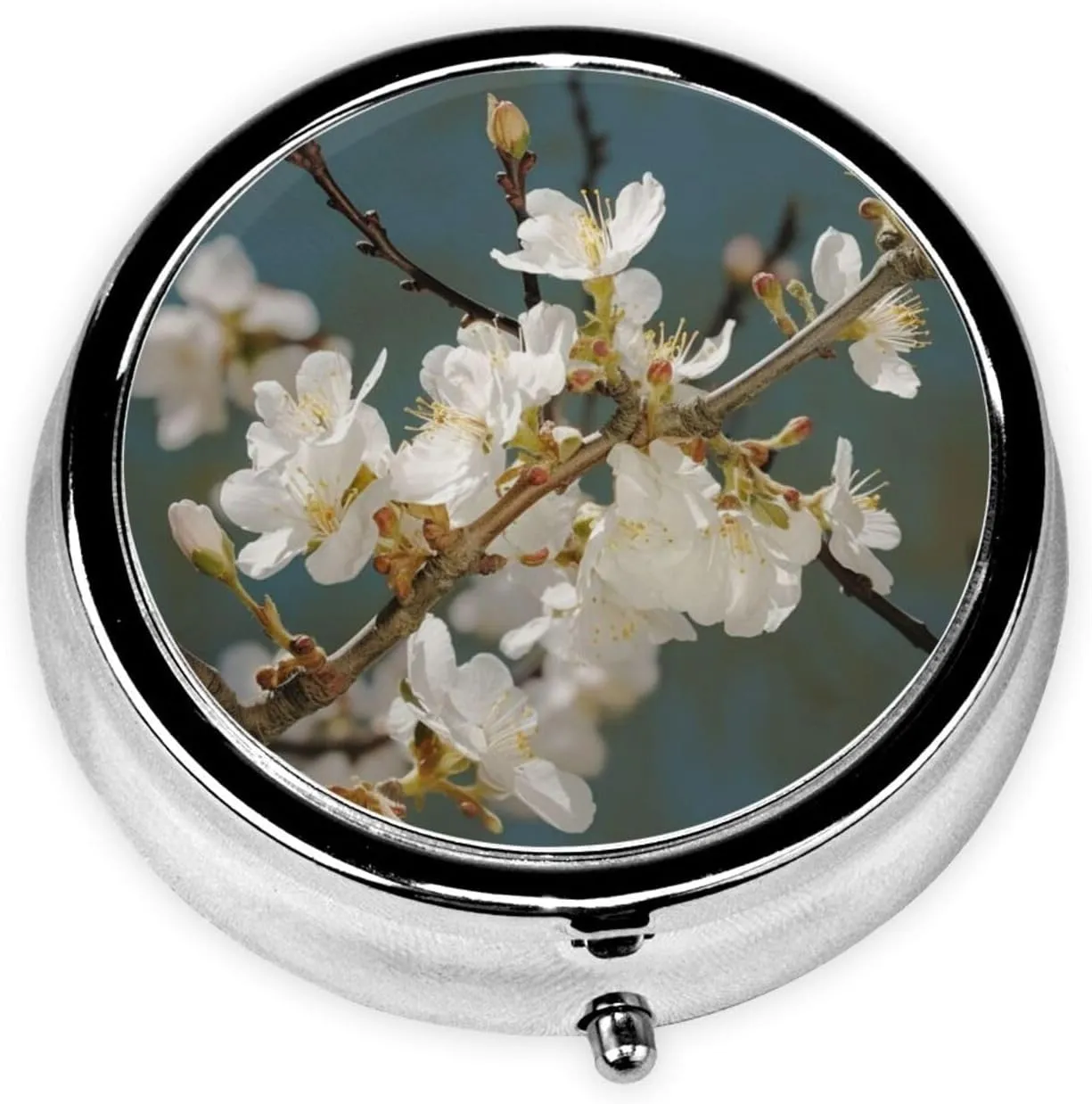 Almond Blossom Pill Box Round Pill Case for Pocket Purse 3 Compartment Medicine Pill Organizer Cute Portable Travel Pillbox Vitamin Cod Liver Oil Storage Box Unique Gift Organizer
